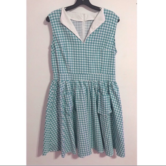 Dresses & Skirts - Retro Collared Gingham Picnic Dress in Green and White Size XL